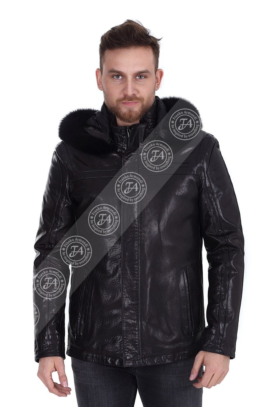 Erkek Gerçek Deri Spor Kışlık Luxury Kaban Kapşonlu  Tilki Kaz Tüyü  Siyah K-1258-19263