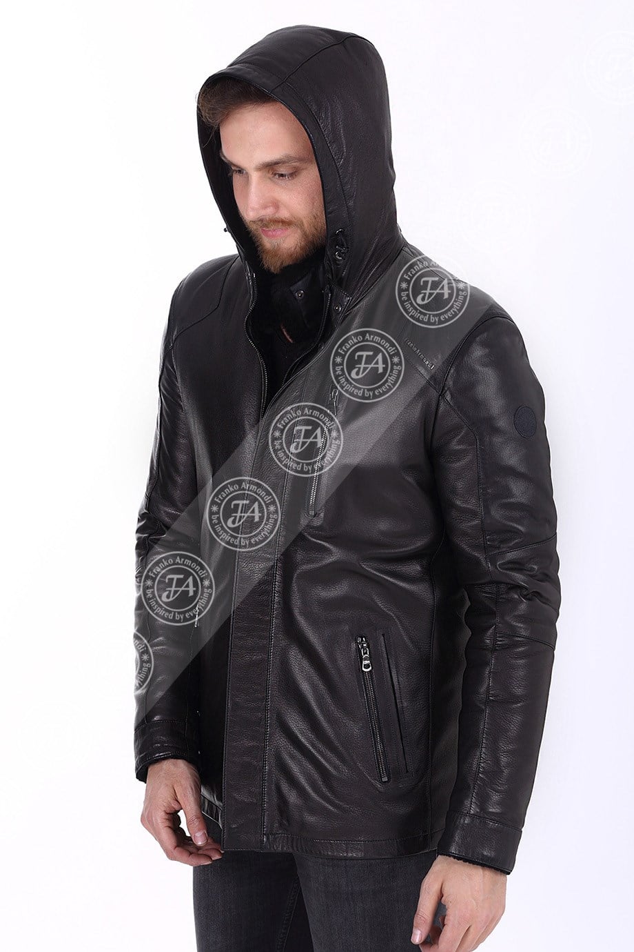 Erkek Gerçek Deri Spor Kışlık Luxury Kaban Kapşonlu Astragan Kaz Tüyü Reks Siyah K-1257-19256