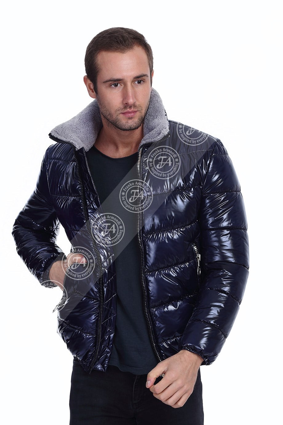 Erkek Gerçek Deri Spor Kışlık Mont Beli Lastikli Astragan lacivert K-1489-19756 FA2