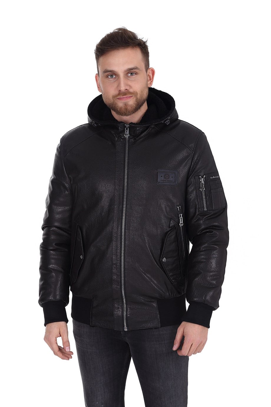 Erkek Gerçek Deri Spor Kışlık Mont Kapşonlu Beli Lastikli İçi lü Siyah K-1201-19303 FA1