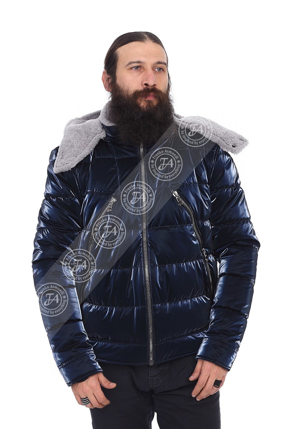 Erkek Gerçek Deri Spor Kışlık Mont Kapşonlu Su Geçirmez Kumaş Beli Lastikli Astragan Lacivert K-1517-19820 FA2