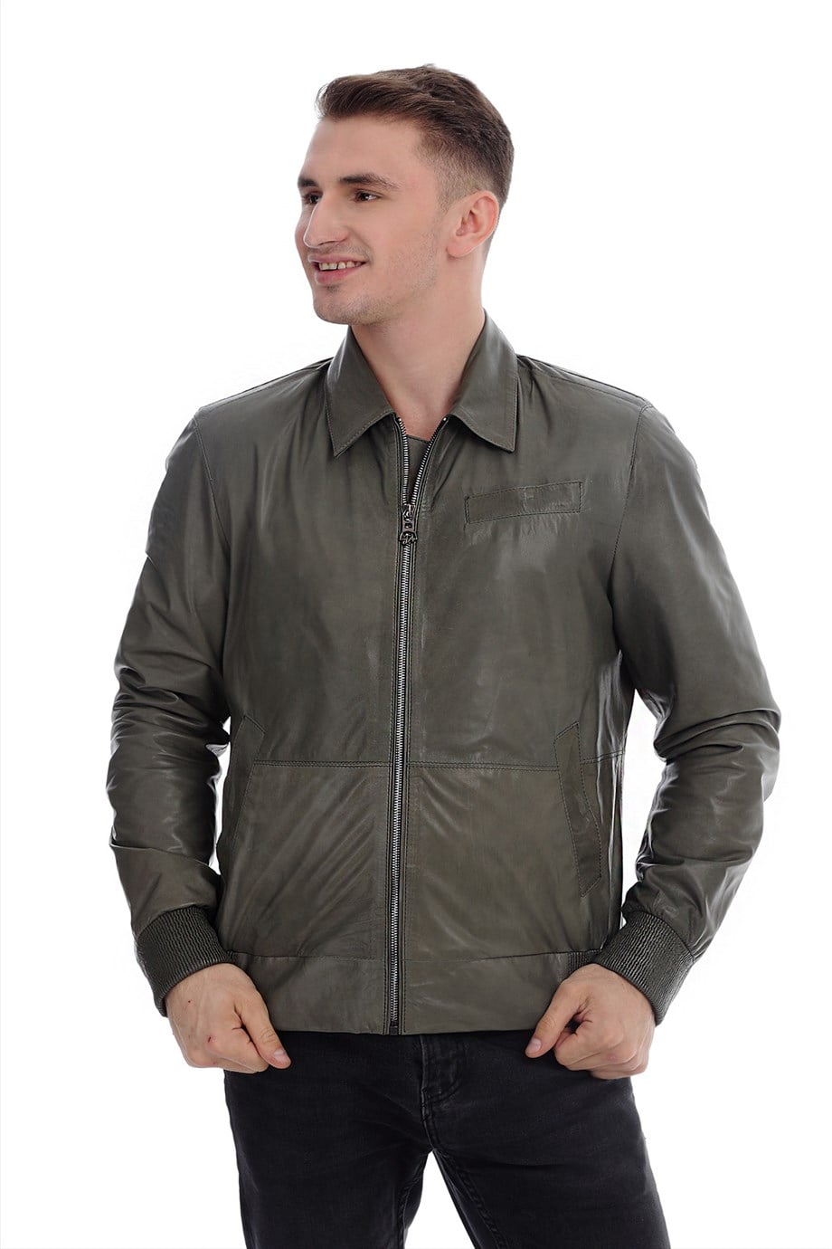 Erkek Gerçek Deri Spor Mont Beli Lastikli Gri K-1361-19673 FA1