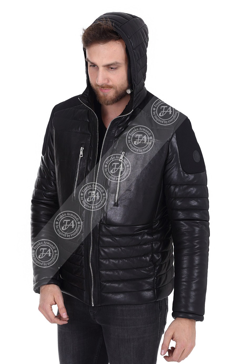 Erkek Gerçek Deri Spor Şişme Mont Kapşonlu Siyah K-1183-19181