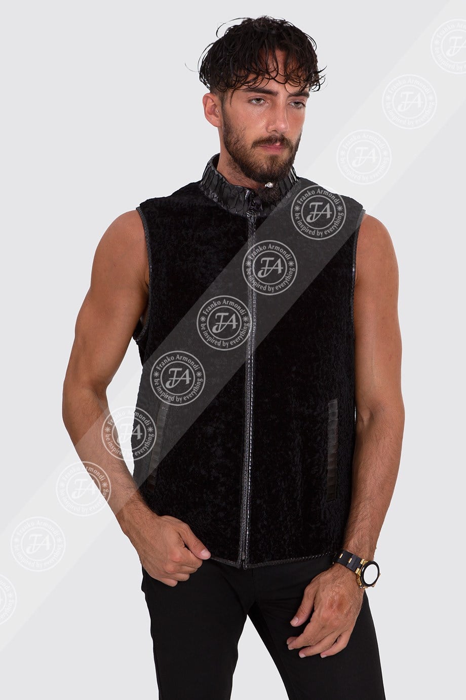Erkek Gerçek Deri Spor Yelek    Piton Astragan Siyah YLK-889-19794 FA2