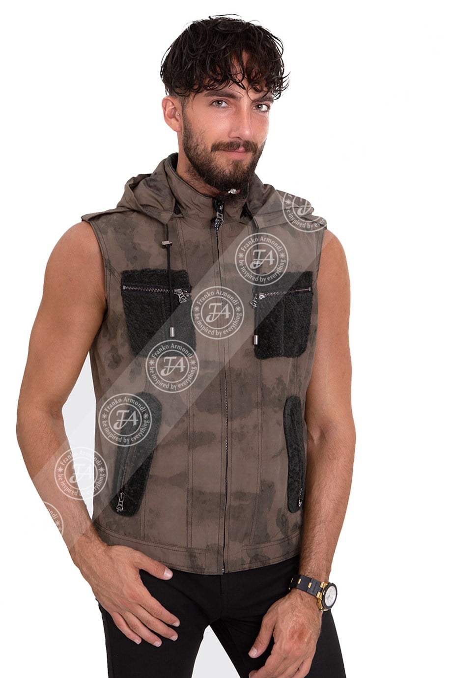 Erkek Gerçek Deri Spor Yelek  Kapşonlu Army Astragan Yeşil YLK-295-18069 FA2