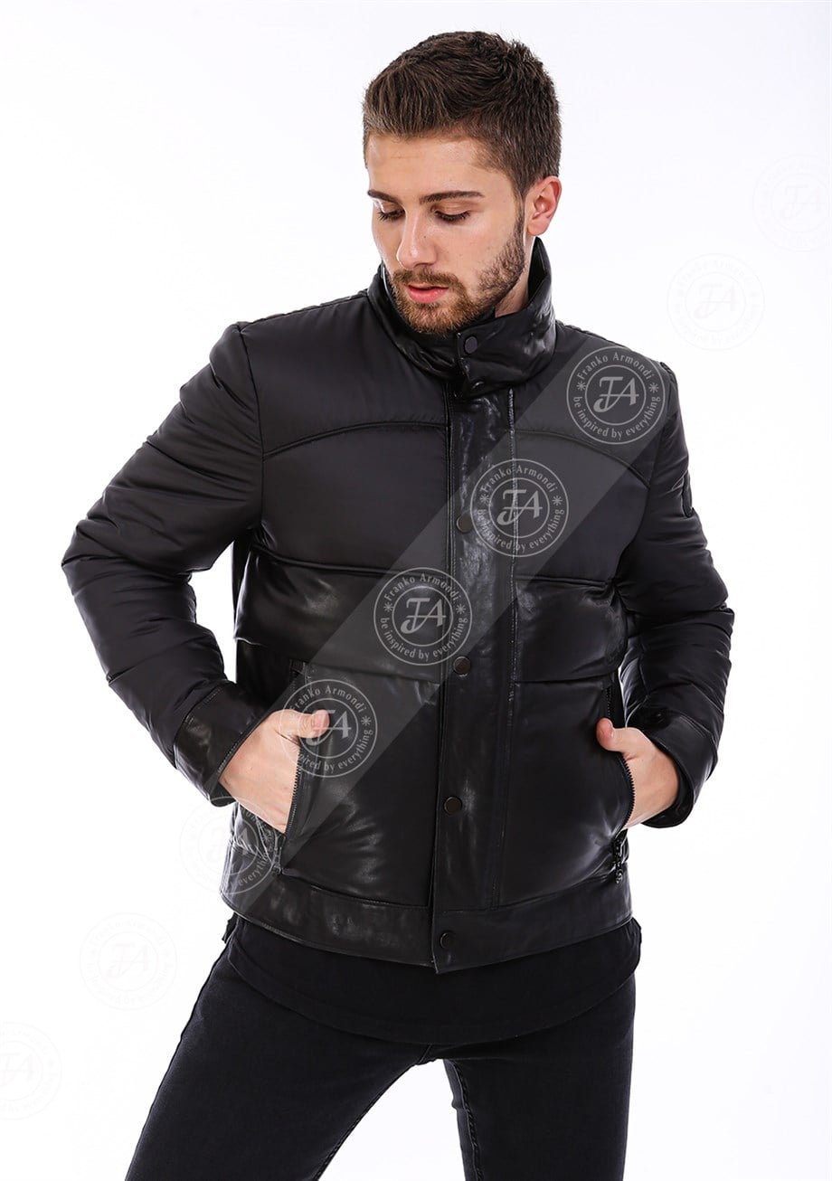 Erkek Gerçek Deri Su Geçirmez Kumaş Spor Mont Siyah K-1600-20087 FA5