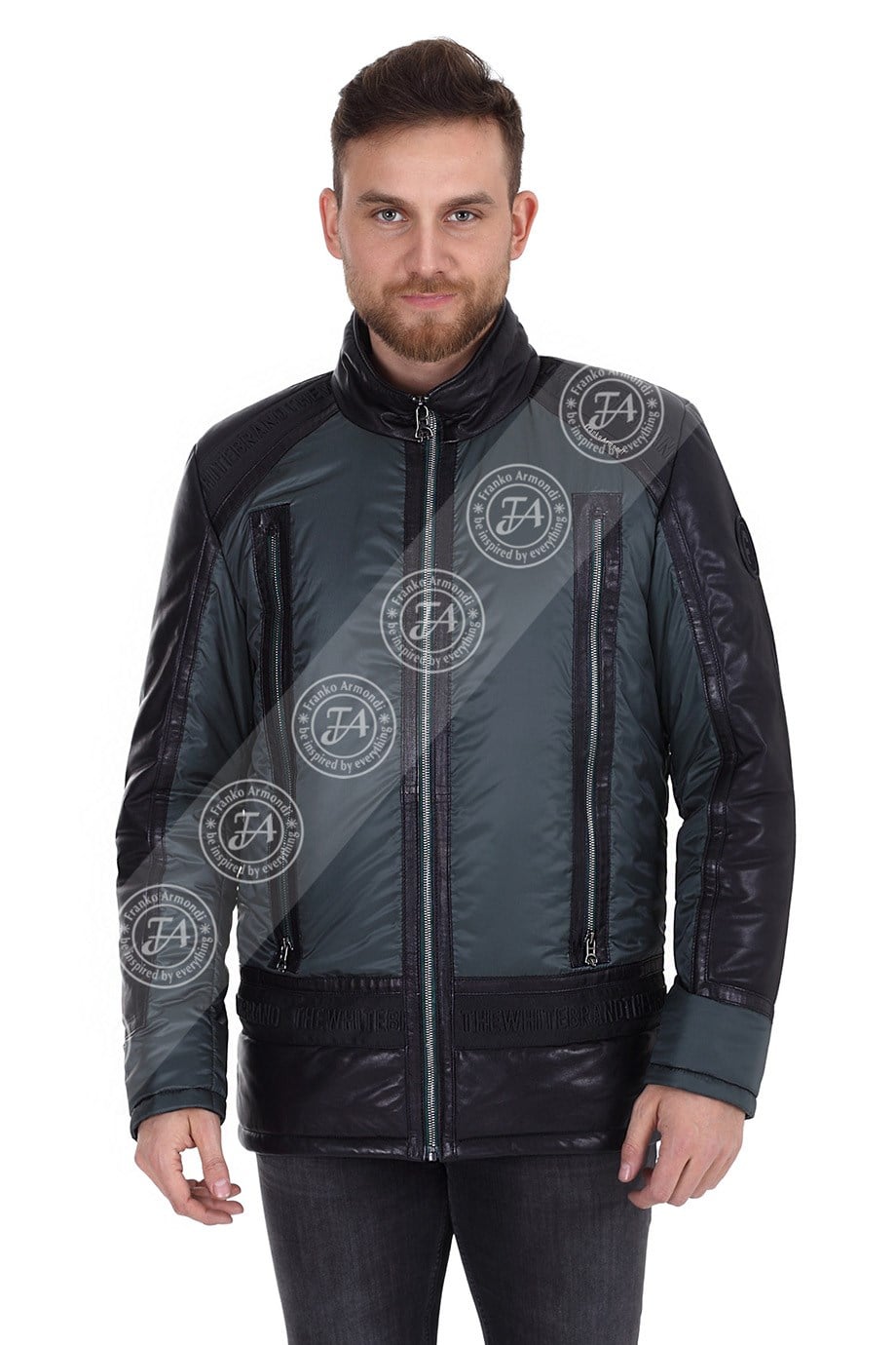 Erkek Gerçek Deri Su Geçirmez Kumaş Spor Mont Siyah Yeşil Luxury EK-1423-19590