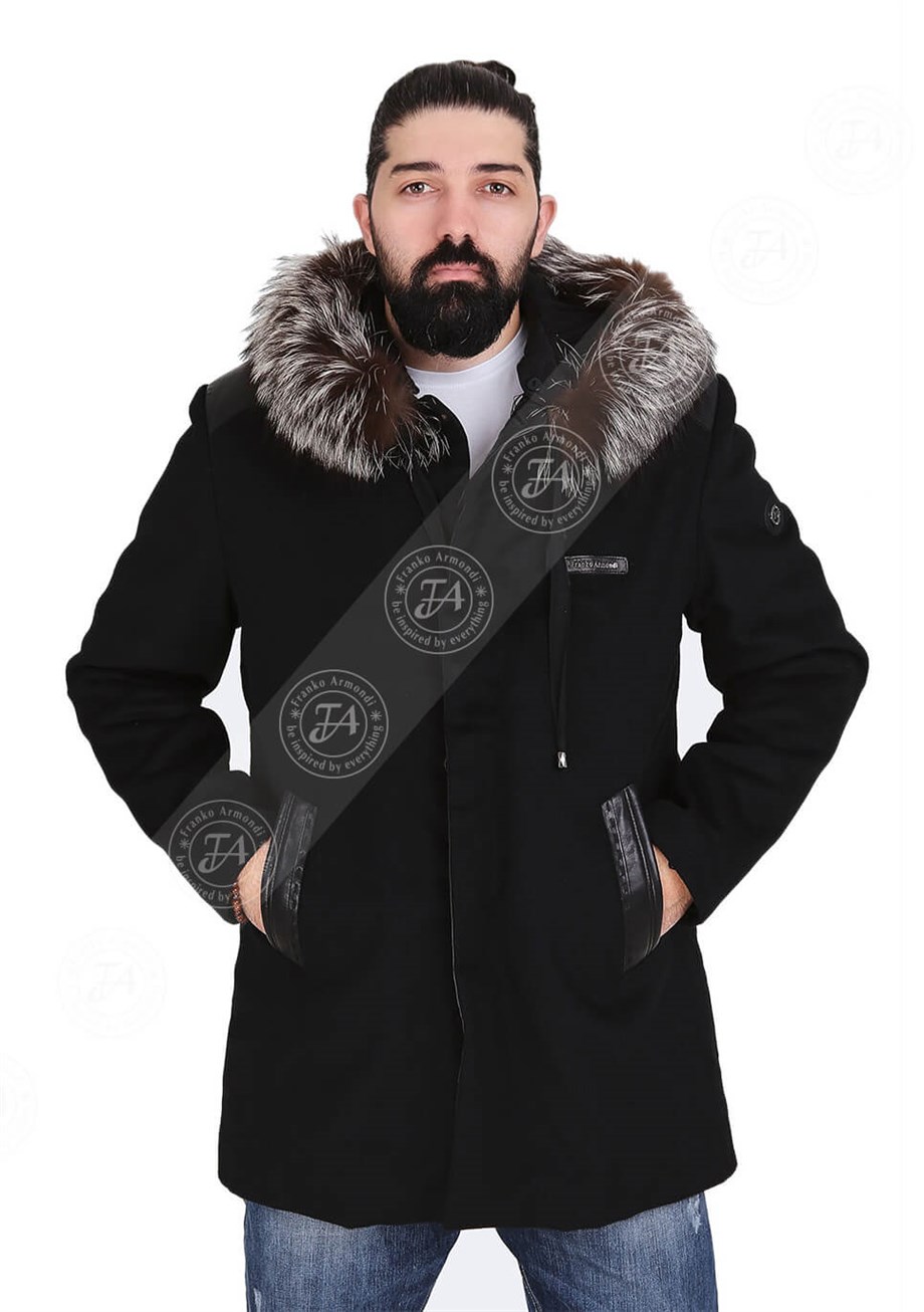 Erkek Kaşmir Klasik Luxury Kaban Rakun Kapşon Şerit  ER-366-20270 FA6