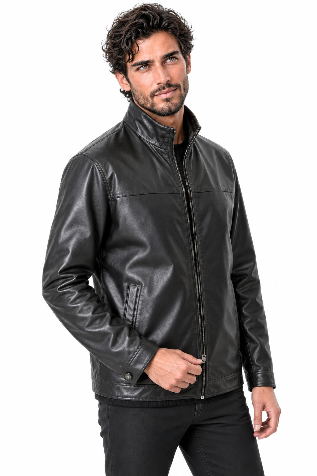 Erkek Spor Deri mont / Code: 24434 - ( Önü fermuarlı spor , siyah deri mont)