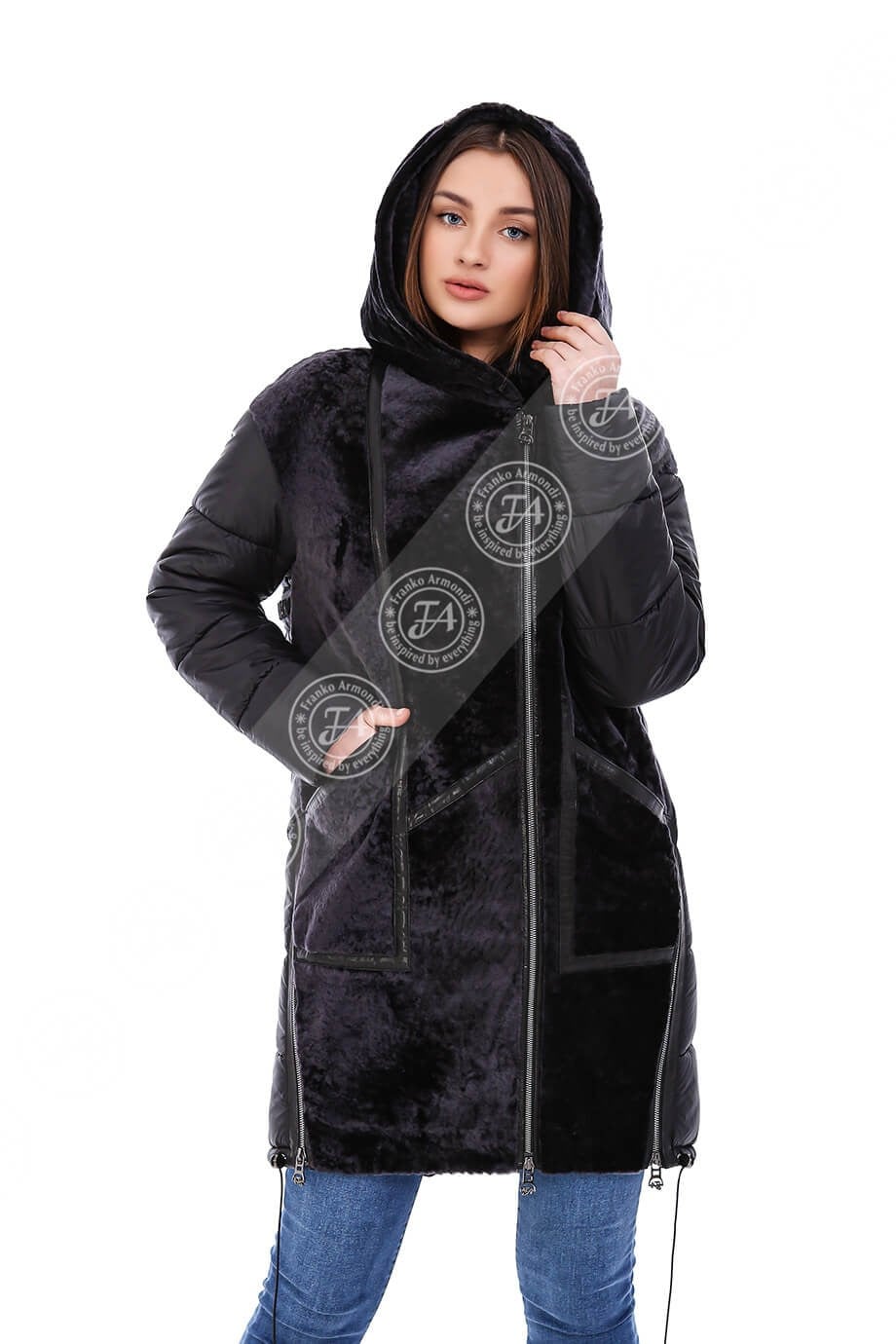Kadın Gerçek Deri  ve Su Geçirmez Kumaş Klasik Luxury Kaban Siyah BKU-1615-20079 FA5