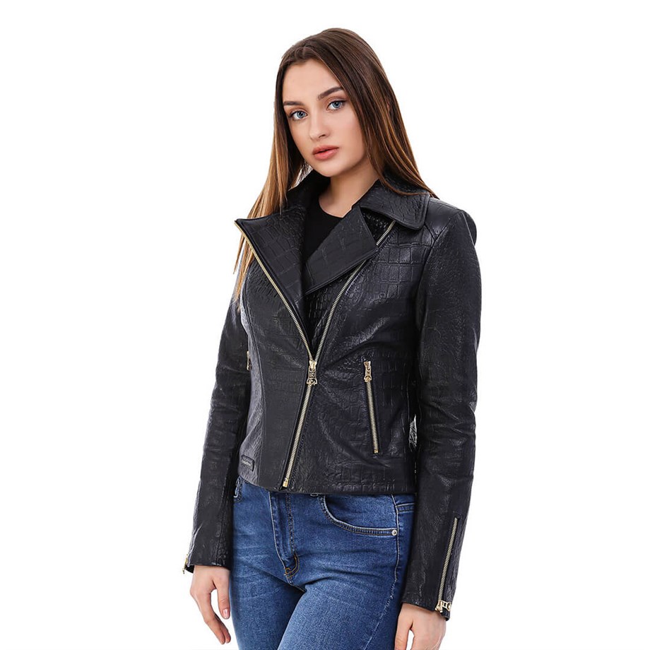 Kadın Gerçek Deri Spor Biker Ceket Siyah BK-1144-20067 FA5