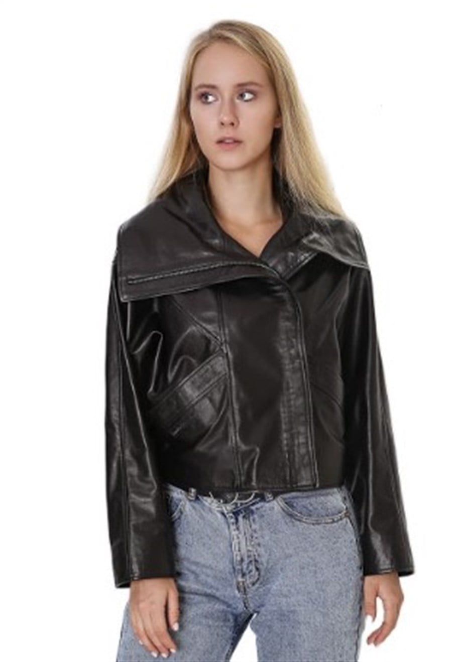 Kadın Gerçek Deri Spor Oversize Mont Siyah BK-1568-19947 FA4