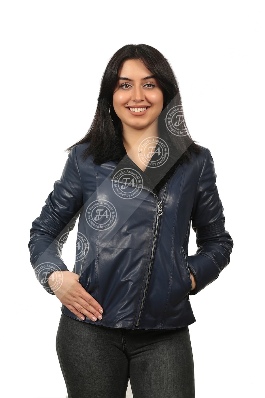 Bayan Gerçek Deri Kışlık Spor Biker Mont Lacivert Astragan İçlik Siyah BK-911-18096 FA2