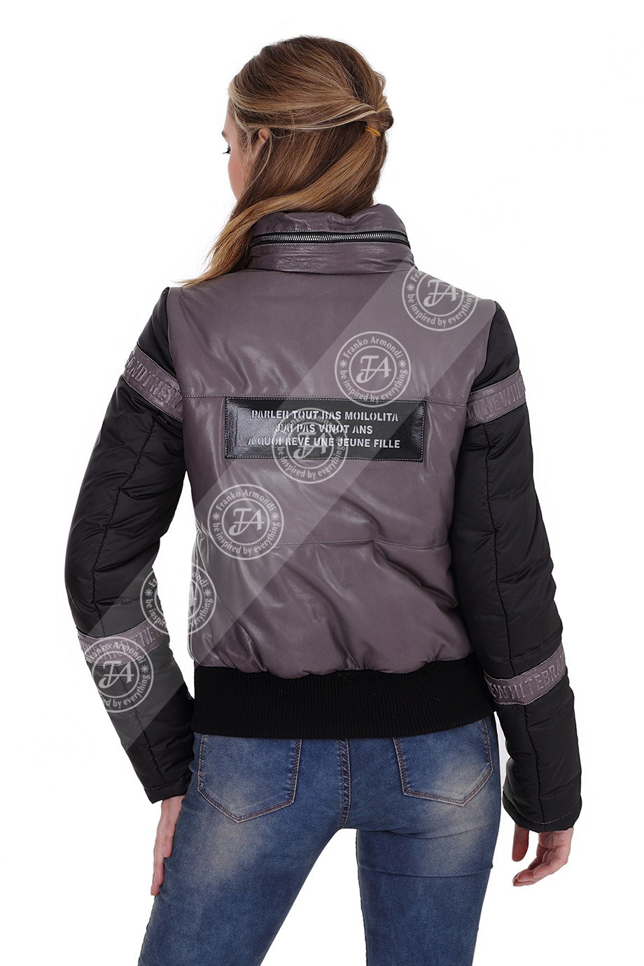 Bayan Gerçek Deri Kışlık Spor Mont Kapşonlu Su Geçirmez Kumaş Şişme Beli Lastikli Gri EBK-1420-19592 FA2