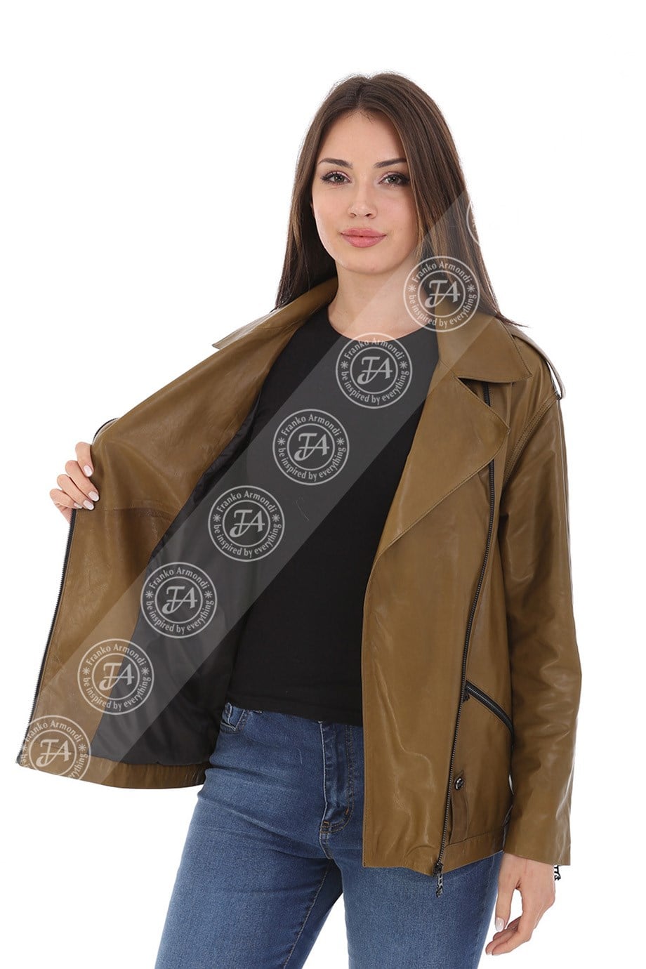 Bayan Gerçek Deri Klasik Biker Mont Haki BK-1563 - 19920 FA3