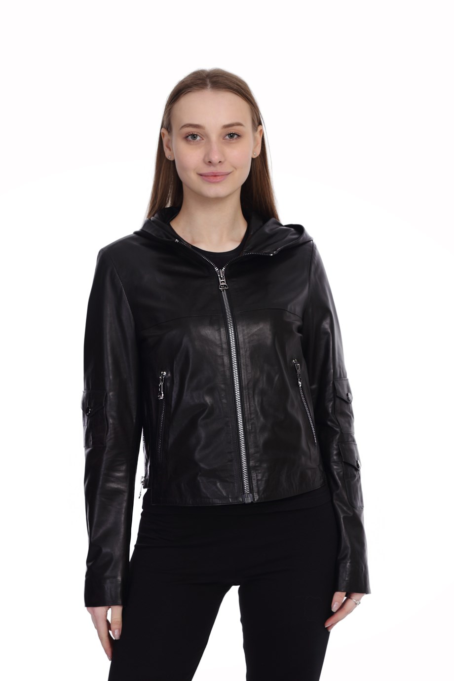 Bayan Gerçek Deri Klasik Ceket  Kapşonlu Siyah BK-1448-19753 FA2