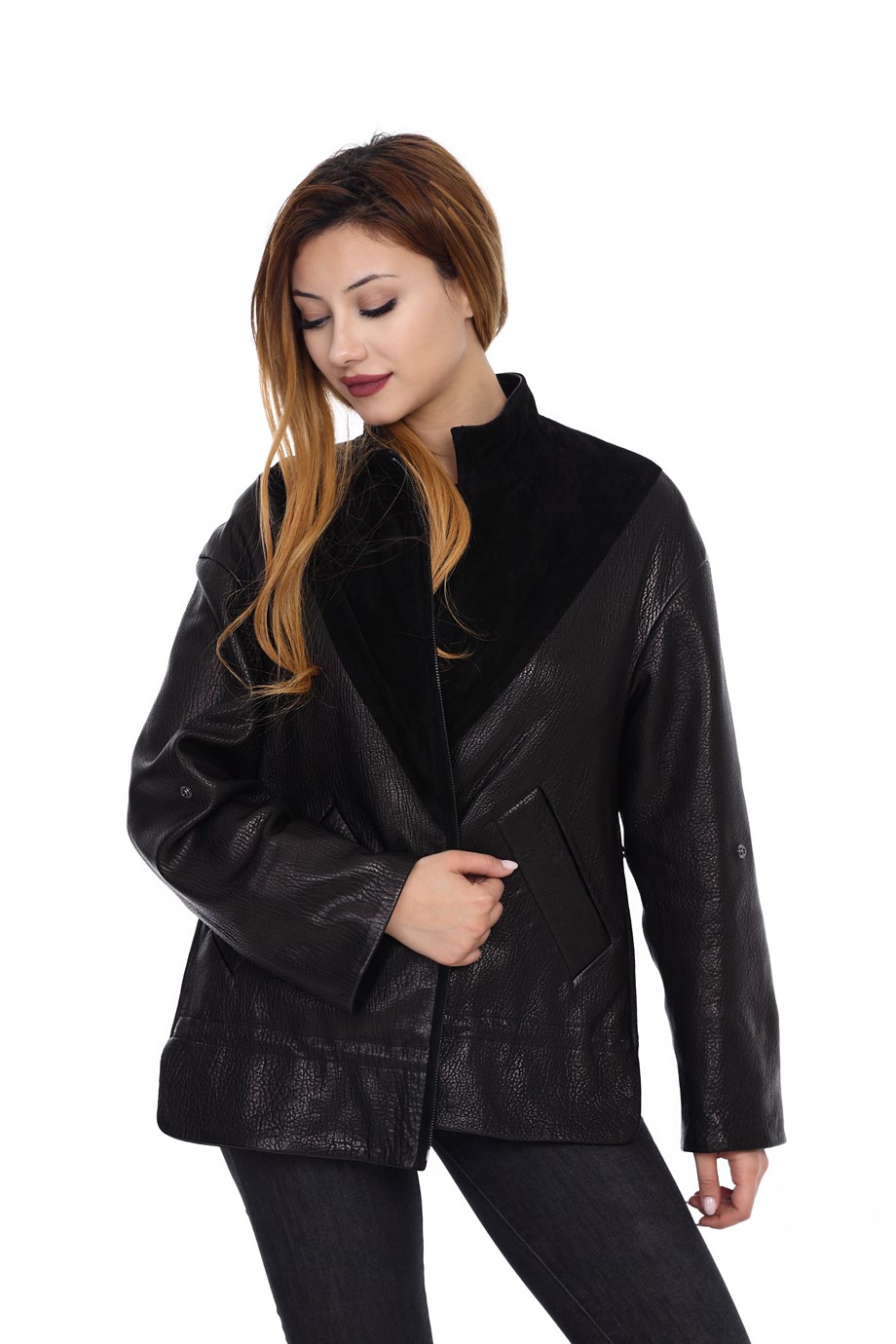 Bayan Gerçek Deri Klasik ceket  Oversize Süet Siyah BK-1525-19828 FA2