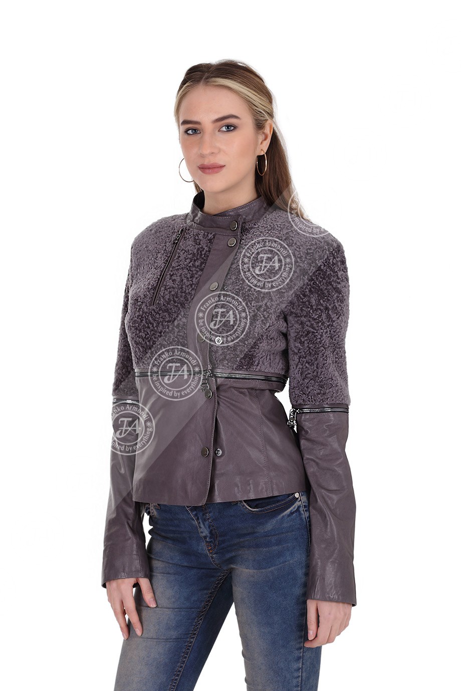 Bayan Gerçek Deri Klasik Ceket Boy Ayarlı Çıkma Kol Astragan Bej EBK-1411-19526 FA2