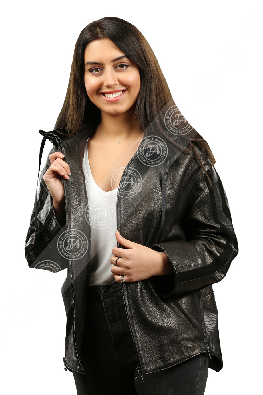 Bayan Gerçek Deri Klasik Ceket Kapşonlu Oversize Siyah BO-1176-19044 FA2