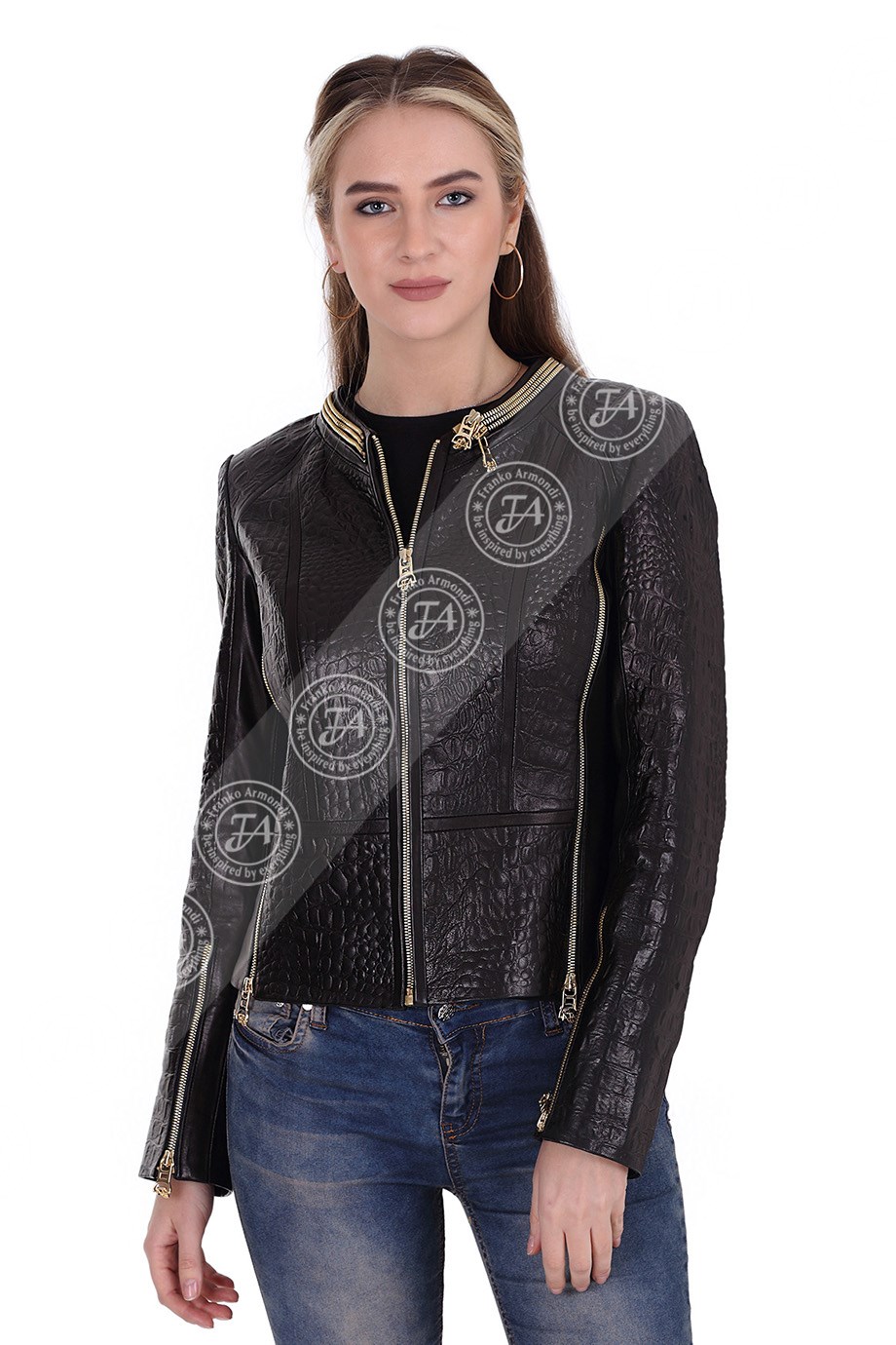 Bayan Gerçek Deri Klasik Ceket Kroko Baskı Siyah bk-1441-19610 FA2