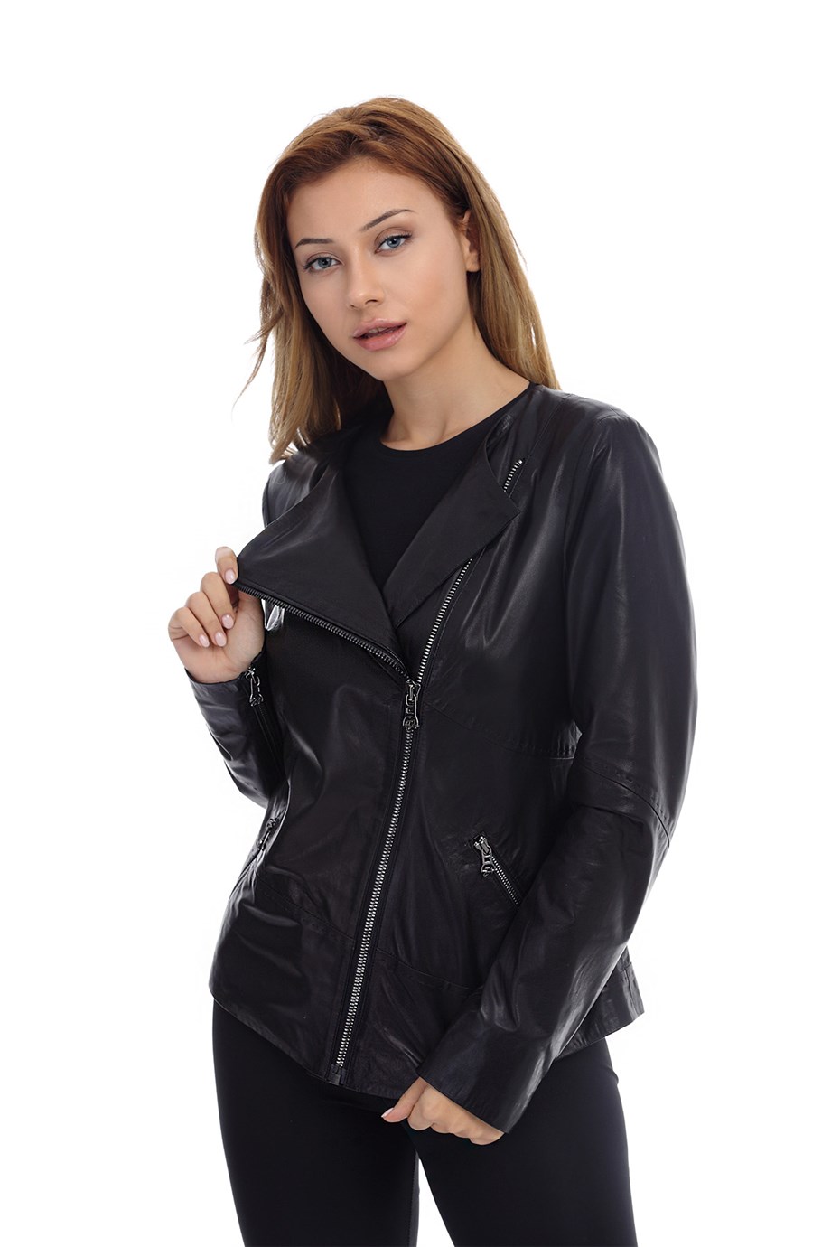 Bayan Gerçek Deri Klasik Ceket Lacivert YBK-1351-19625 FA2