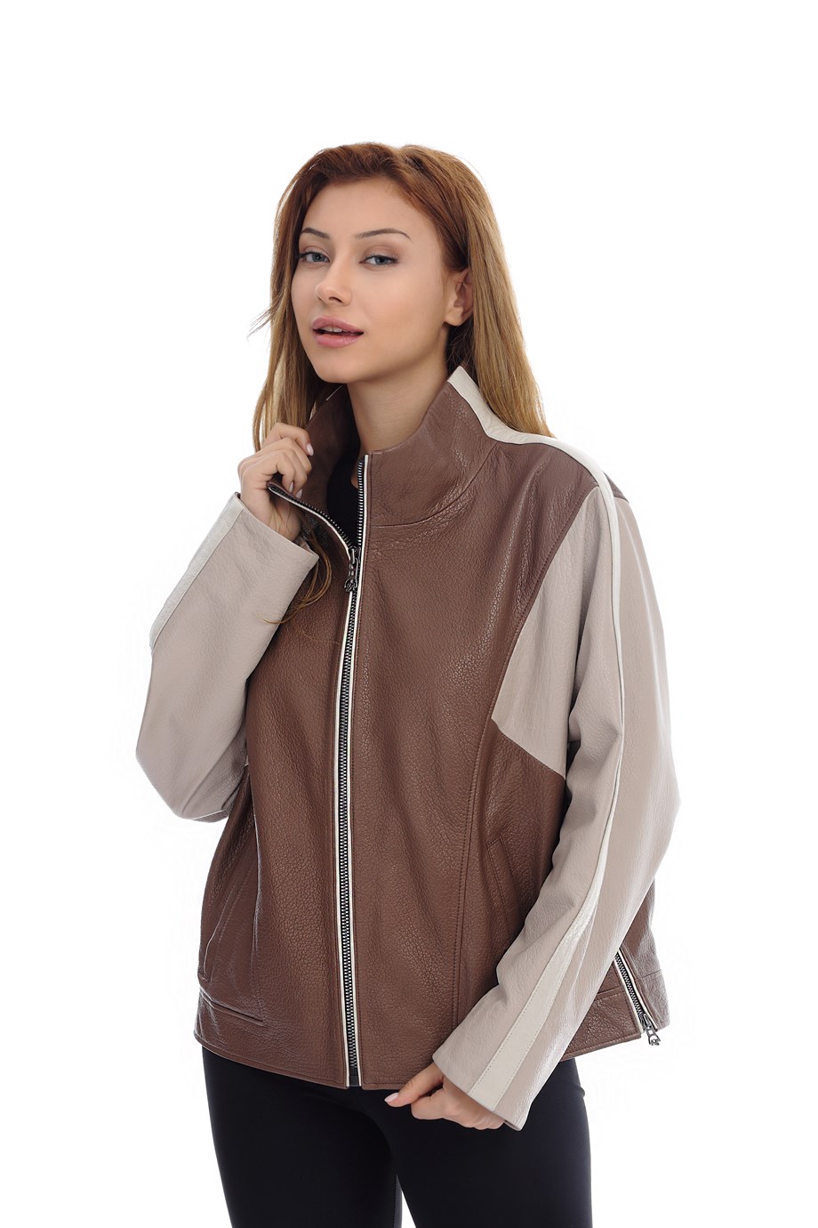 Bayan Gerçek Deri Klasik Ceket Oversize Kahve-Bej BK-1429-19632 FA2