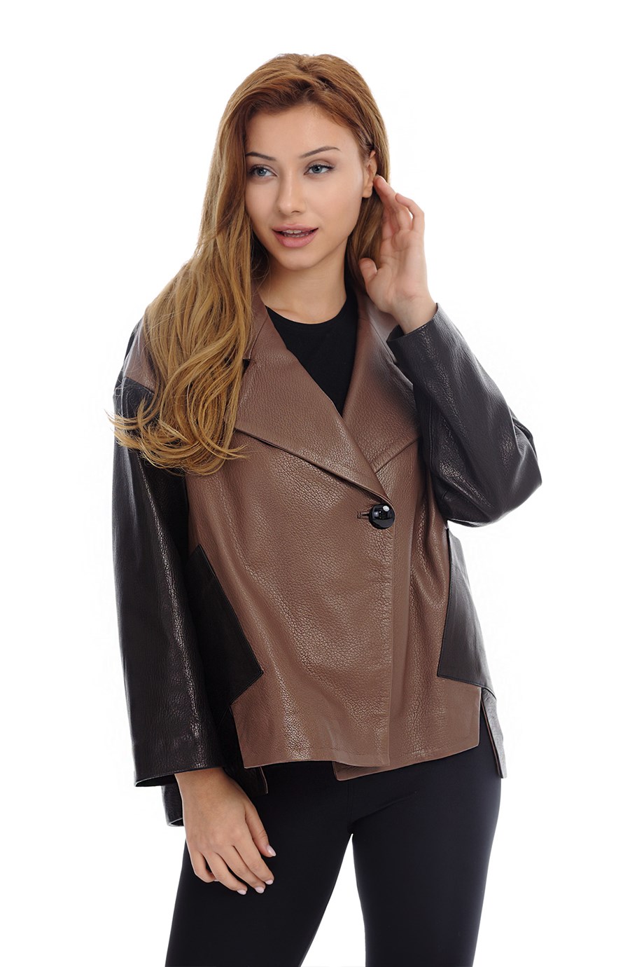 Bayan Gerçek Deri Klasik Ceket Oversize Kahve-Siyah BK-1288-19633 FA2
