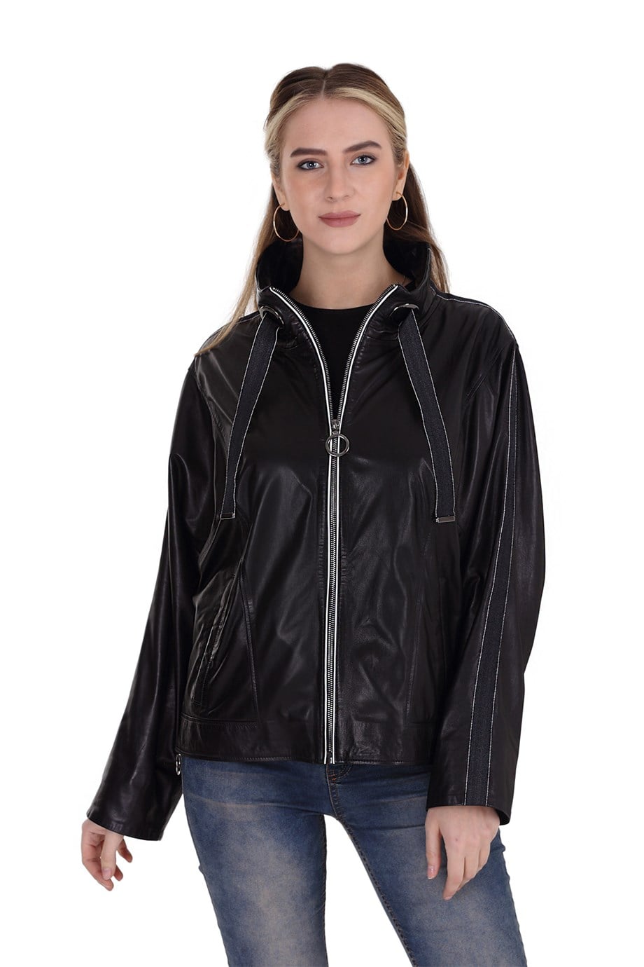 Bayan Gerçek Deri Klasik Ceket Oversize Lacivert BK-1429 A-19595 FA2