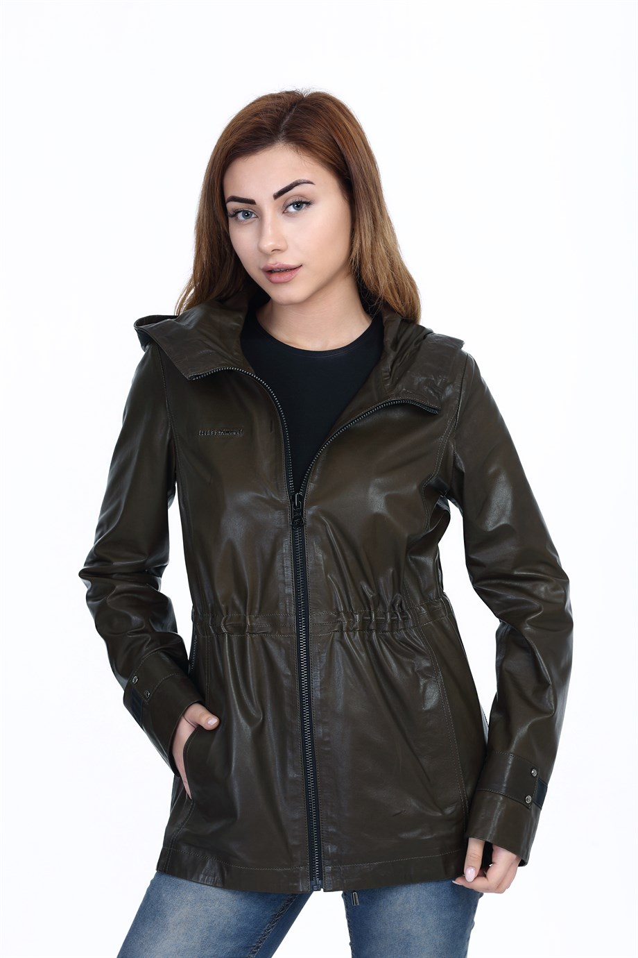 Bayan Gerçek Deri Klasik Kaban  Kapşonlu Haki bo-1442-19652 FA2