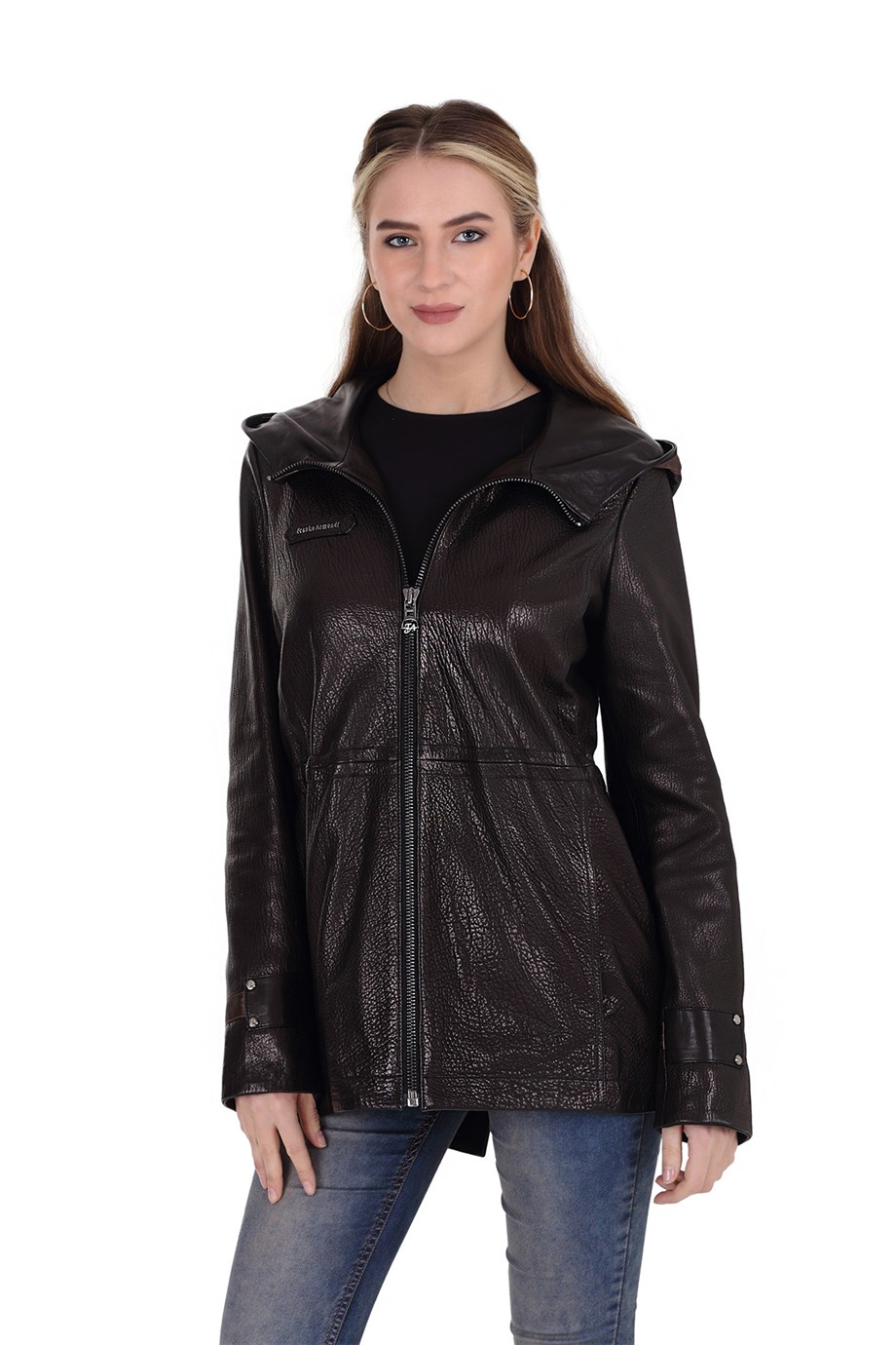 Bayan Gerçek Deri Klasik Kaban  Kapşonlu Siyah bo-1442-19607 FA2