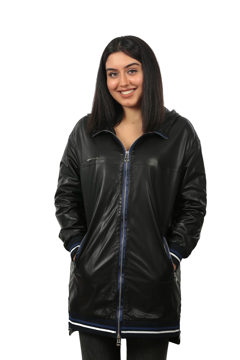 Bayan Gerçek Deri Klasik Kaban  Kapşonlu Lacivert MBK-1301-19340 FA2