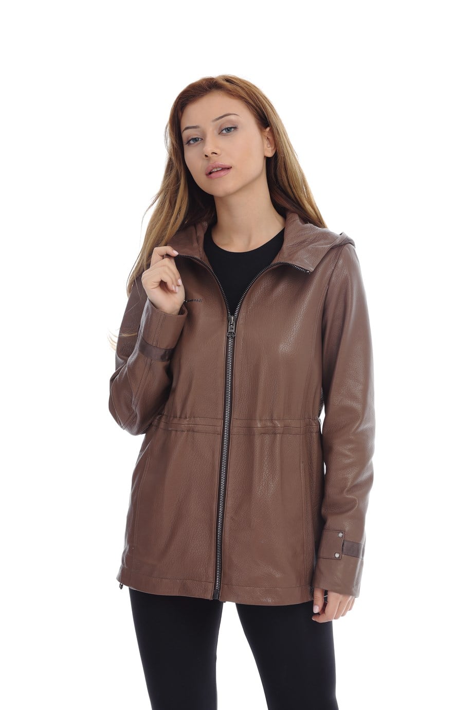 Bayan Gerçek Deri Klasik Kaban  Kapşonlu Sütlü Kahve bo-1442-19651 FA2