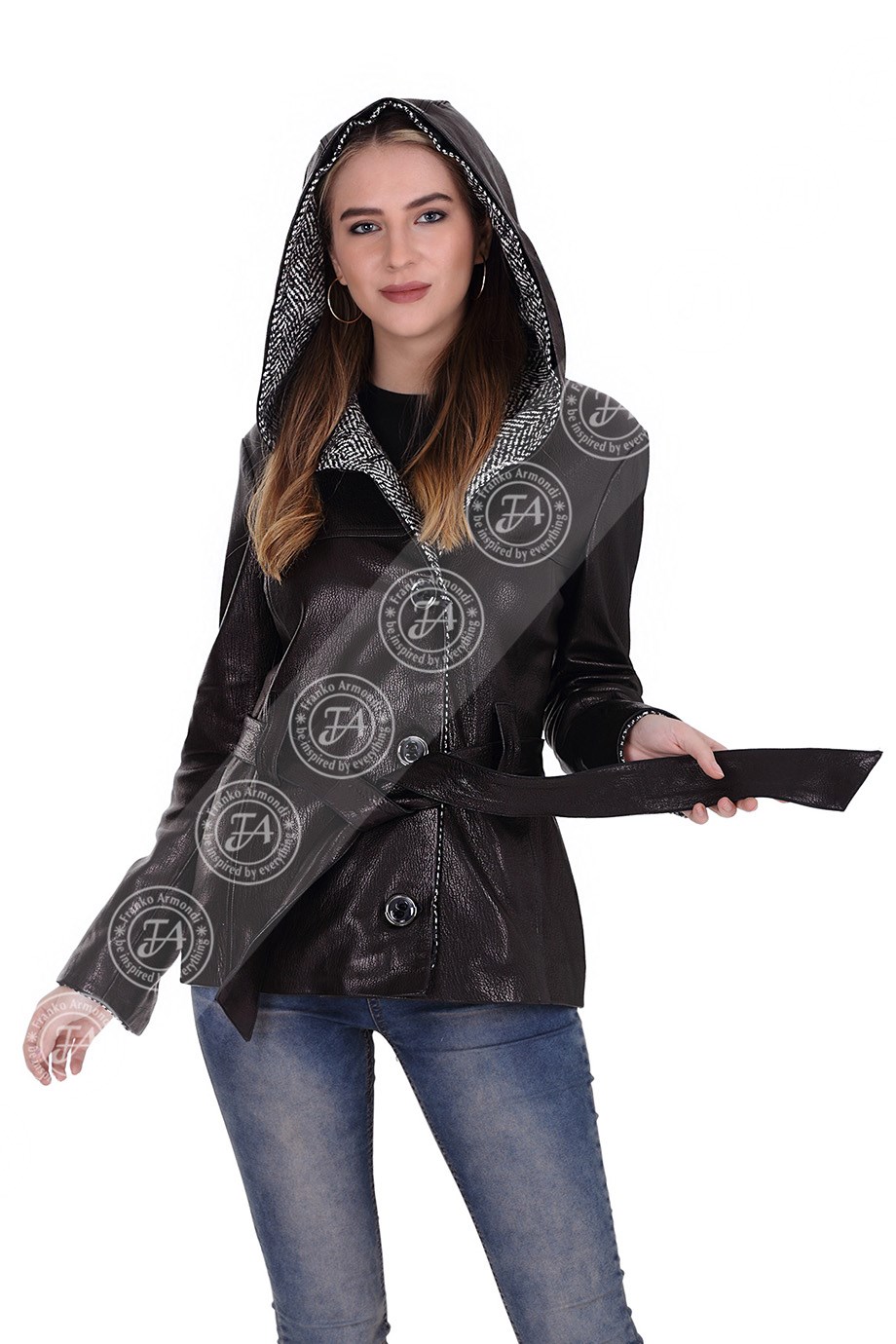 Bayan Gerçek Deri Klasik Kaban  Kapşonlu Siyah bo-1443-19605 FA2