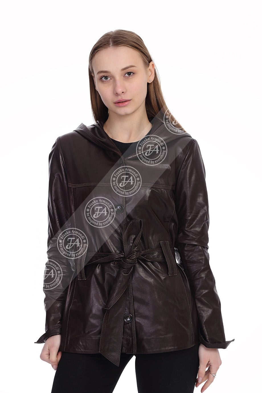 Bayan Gerçek Deri Klasik Kaban  Kapşonlu Kahve BO-1443-19752 FA2