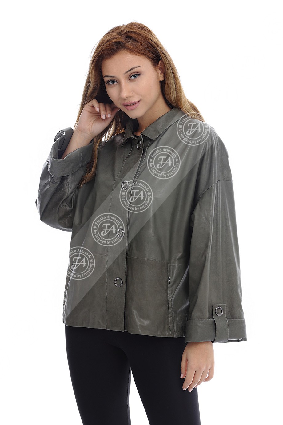 Bayan Gerçek Deri Klasik Kaban  Oversiz Haki BK-1426 A-19622 FA2