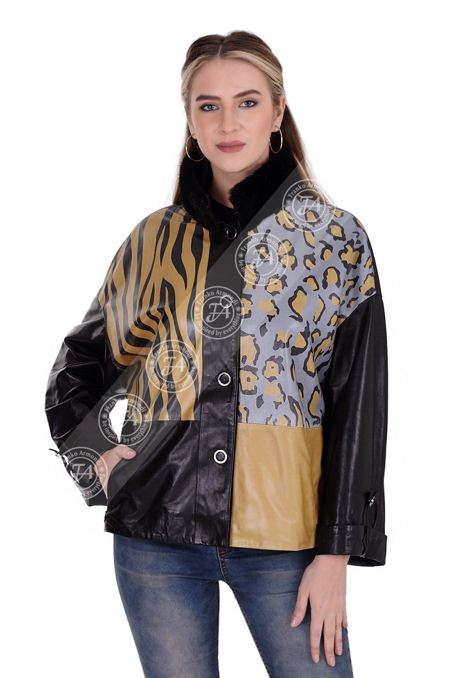 Bayan Gerçek Deri Klasik Kaban  Oversize Baskılı Vizon Yaka Siyah BK-1426 A-19599 FA2