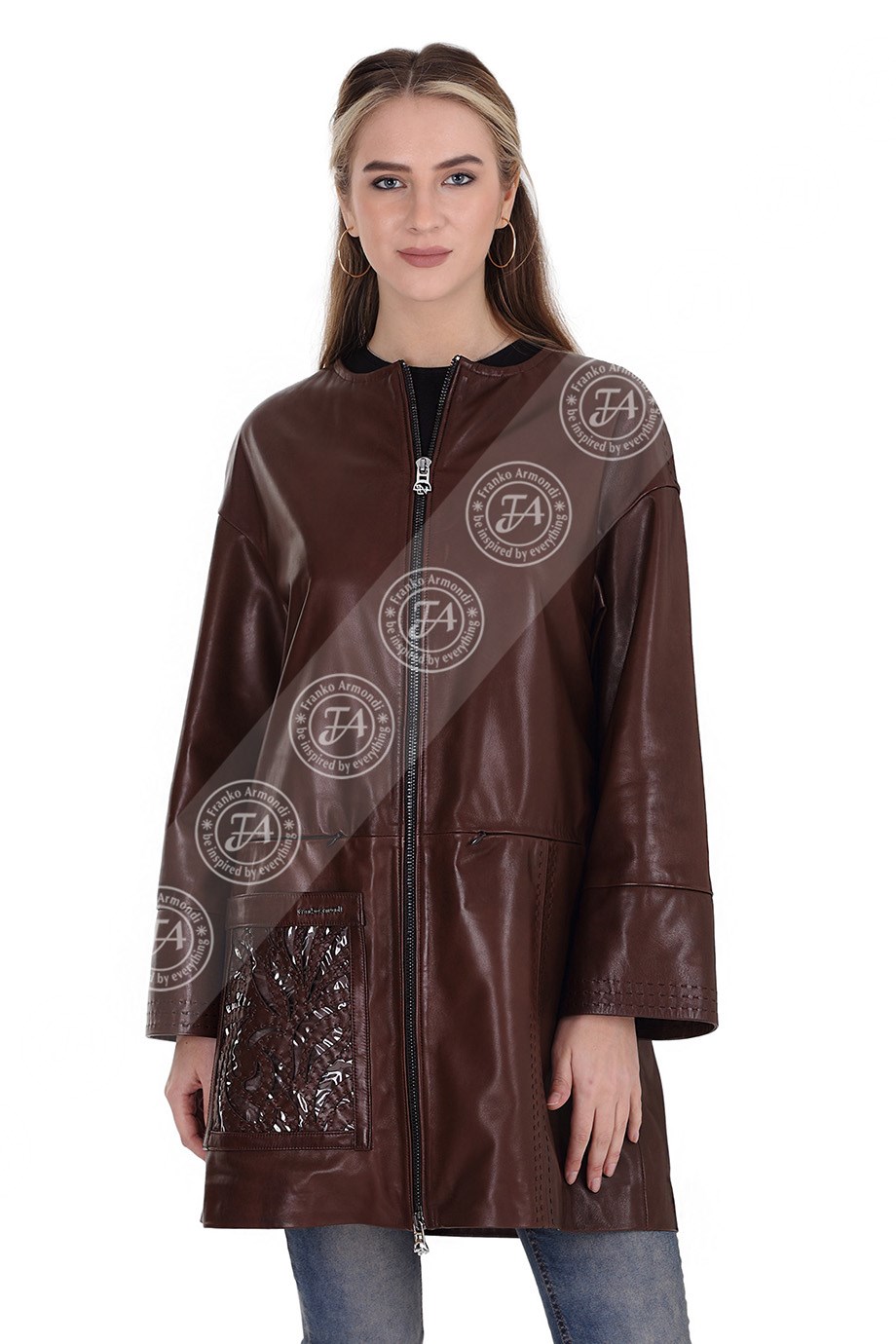 Bayan Gerçek Deri Klasik Kaban  Oversize İşlemeli Viski bu-1432 g-19608 FA2