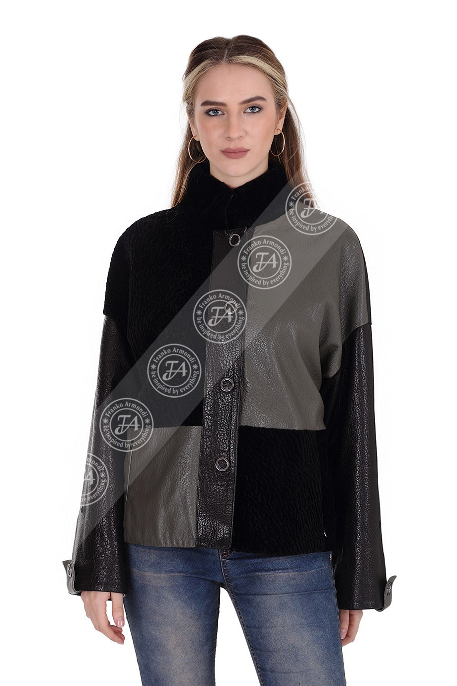 Bayan Gerçek Deri Klasik Kaban  Oversize Astragan Siyah-Haki BK-1426 A-19598 FA2