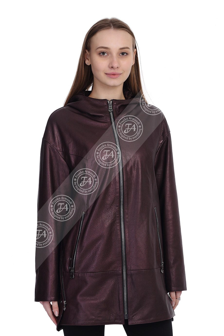 Bayan Gerçek Deri Klasik Kaban  Oversize Kapşonlu Bordo BO-1476-19754 FA2