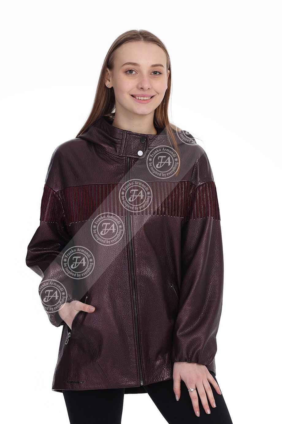 Bayan Gerçek Deri Klasik Kaban Kapşonlu Bordo BO-1459A-19703 FA2