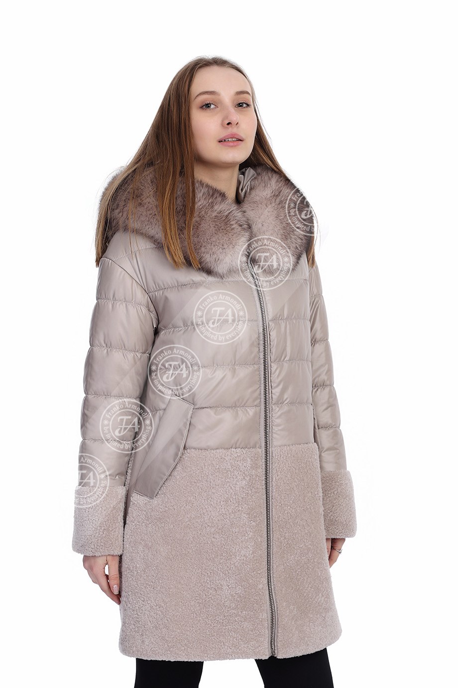 Женская куртка из натуральной кожи Классический Зима Пальто С капюшоном  Водонепроницаемый Астрахань Лиса Бежевый YBU-1468-19727 FA2