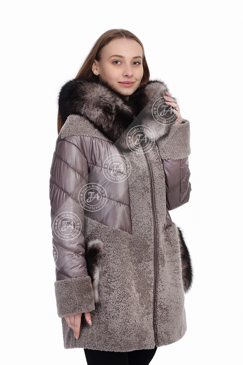 Женская куртка из натуральной кожи Классический Зима Пальто С капюшоном  Водонепроницаемый Ткань Астрахань Лиса Бежевый YBO-1467-19730 FA2
