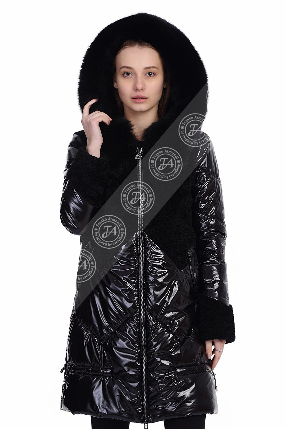 Bayan Gerçek Deri Klasik Kışlık Kaban  Kapşonlu Su Geçirmez Astragan tilki siyah YBU-1469-19725 FA2