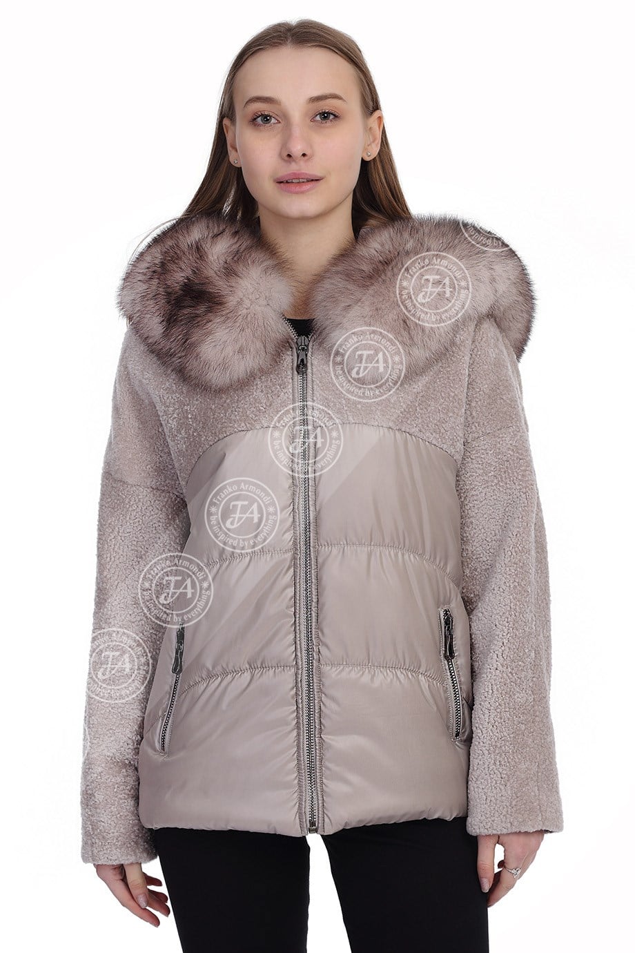 Bayan Gerçek Deri Klasik Kışlık Kaban  Kapşonlu Su Geçirmez Astragan tilki Bej YBK-1464-19728 FA2