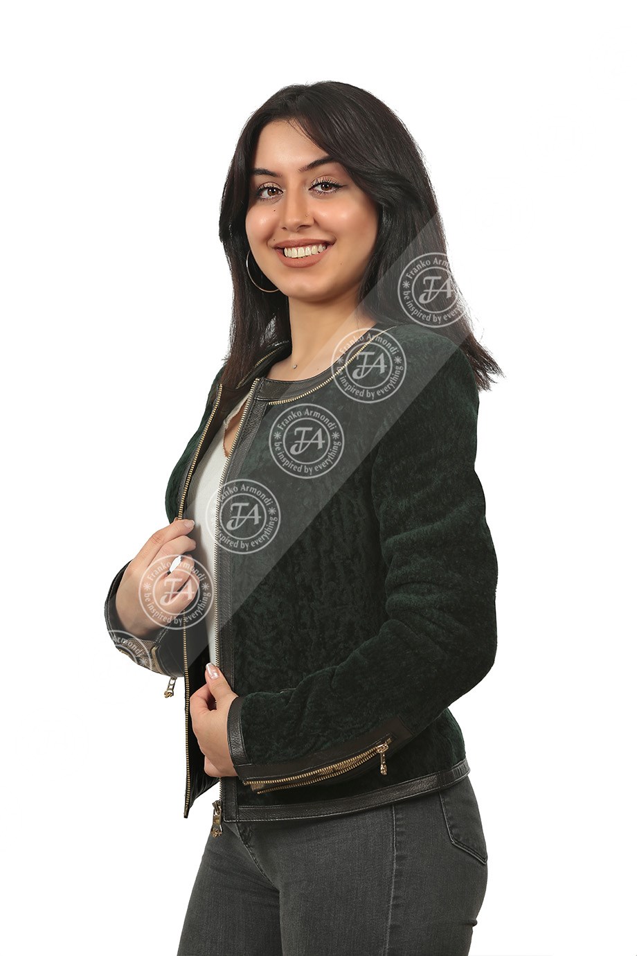 Bayan Gerçek Deri Klasik Kışlık Mont Astragan Yeşil bk-925-18665 FA2