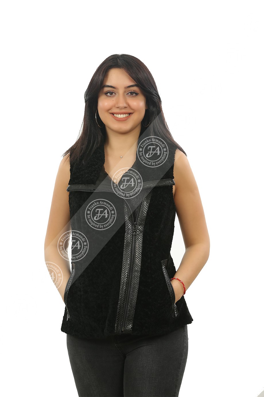 Bayan Gerçek Deri Klasik Luxury Yelek Alpaka Antrasit Astragan Piton Siyah ylk-b-905-18078 FA2