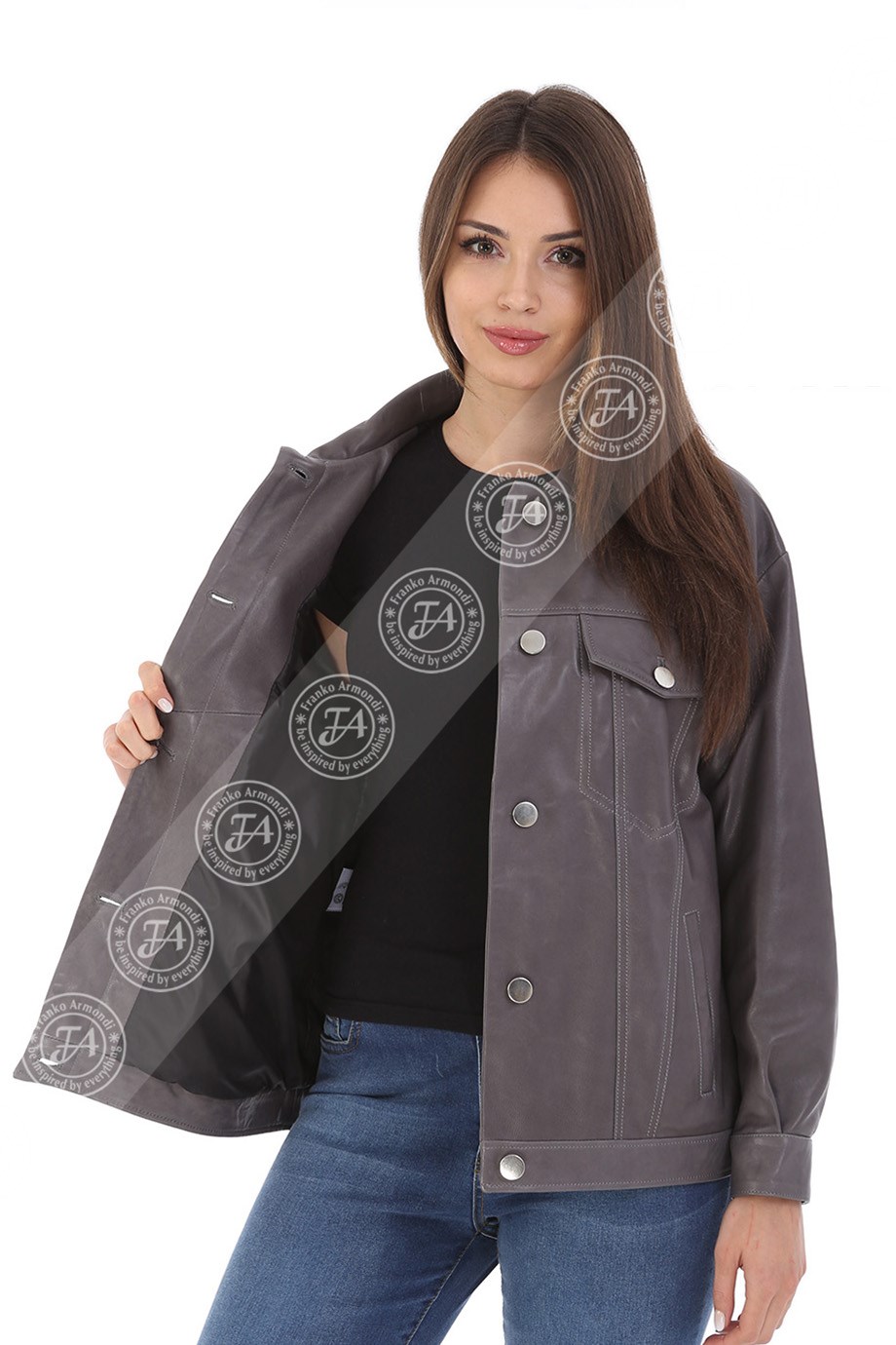 Bayan Gerçek Deri Klasik Oversize Ceket Gri BK-1581 - 19994 FA3