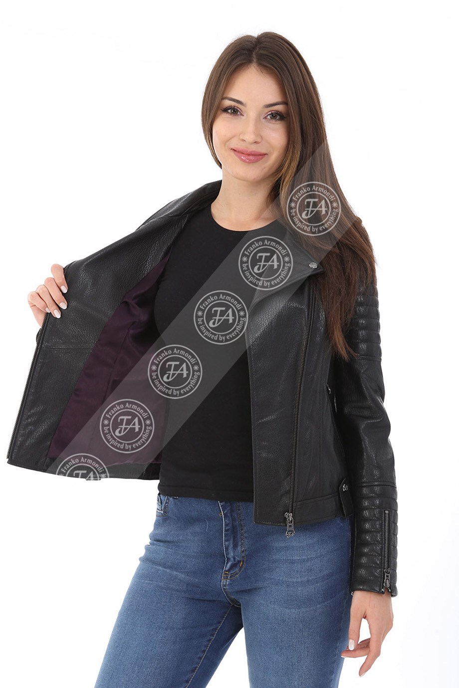 Bayan Gerçek Deri Spor Biker Ceket Siyah TBK-1000 - 18587 FA3