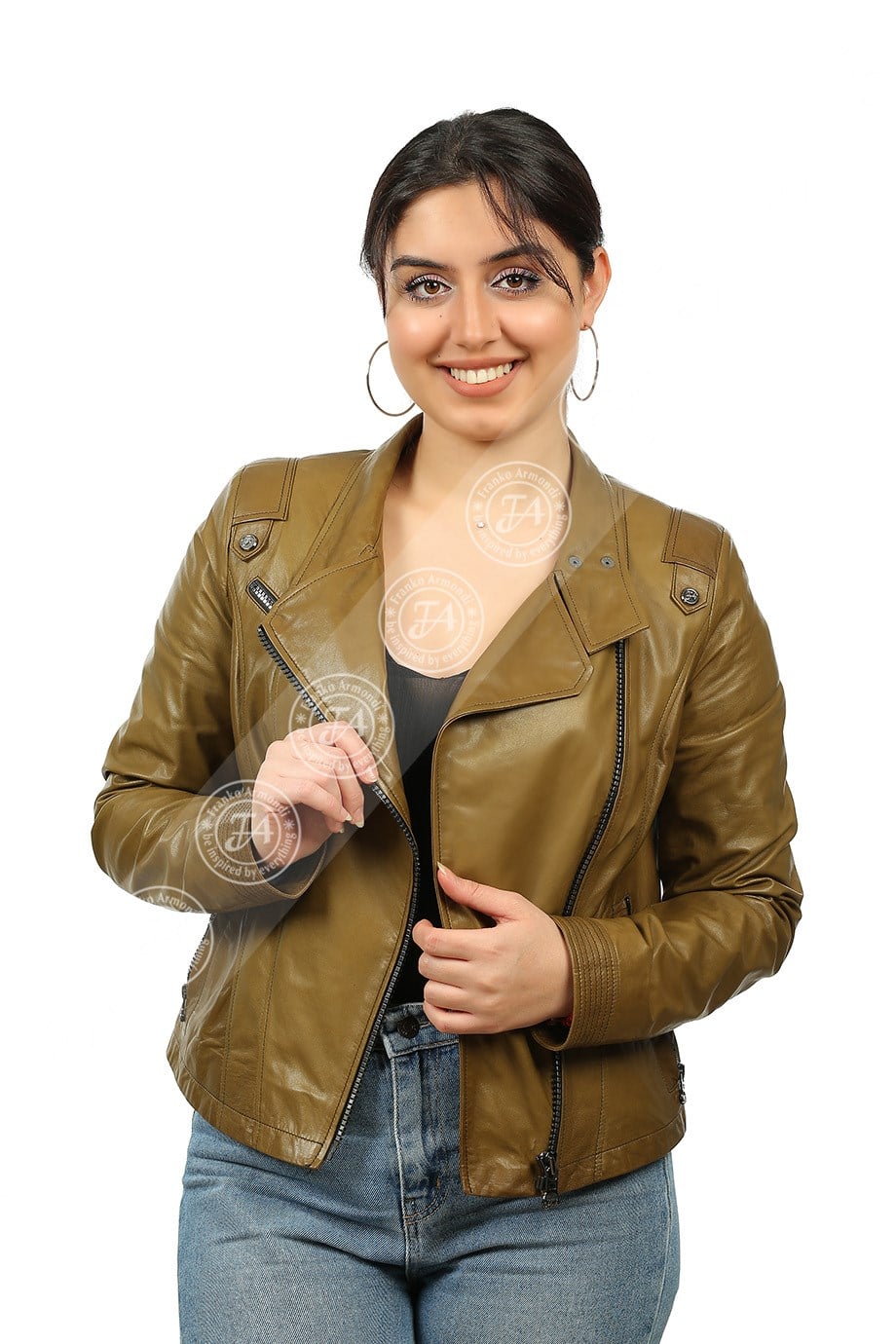 Bayan Gerçek Deri Spor Biker Mont  Haki bk-1325-19371 FA2