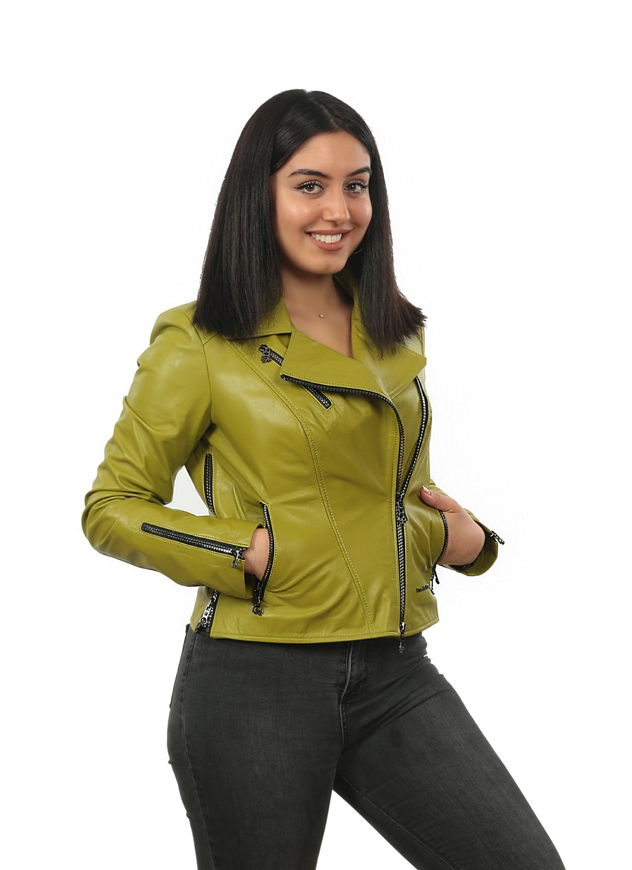 Bayan Gerçek Deri Spor Biker Mont Fıstık Yeşili BK-1149-19430 FA2